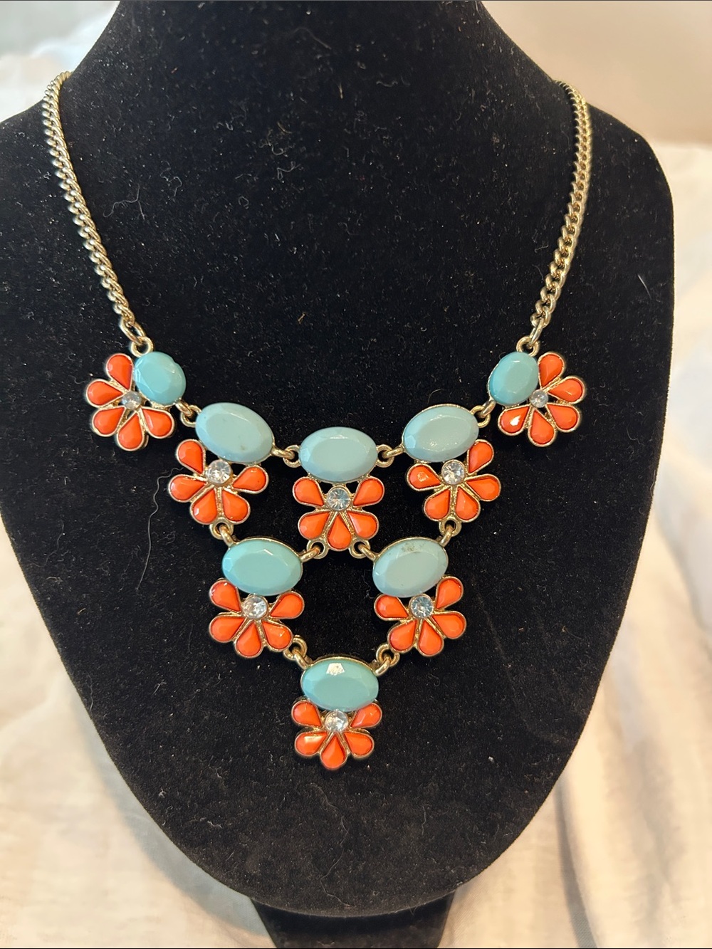 Charming Charlie Turquoise and Coral Floral Bib Necklace
